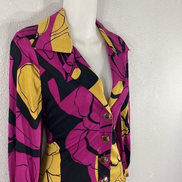 Anthropologie Yoana Baraschi Magenta Pink Yellow Black Floral Silk Shirt Dress M - Picture 4 of 14